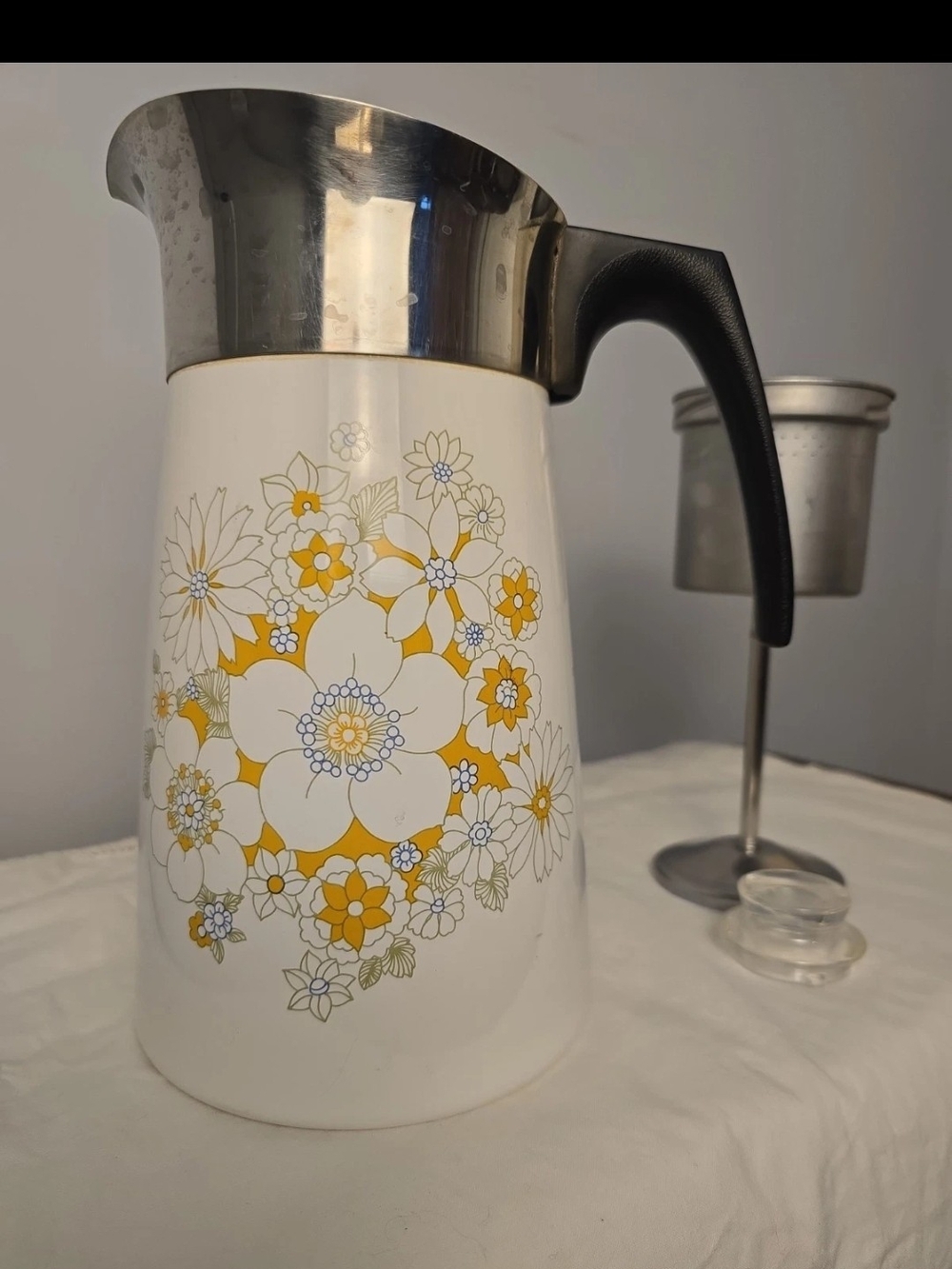 Vintage Corning Ware 9-Cup stovetop percolator in the Floral Bouquet pattern